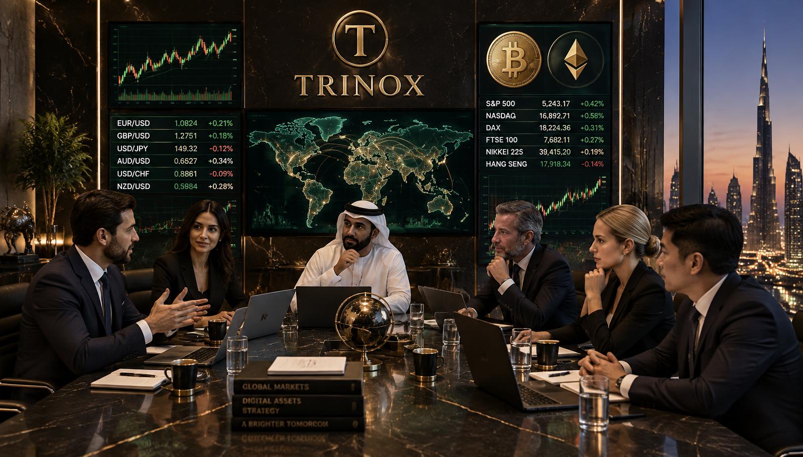 International TRINOX market specialists discussing crypto, forex and stock-market data in a Dubai boardroom